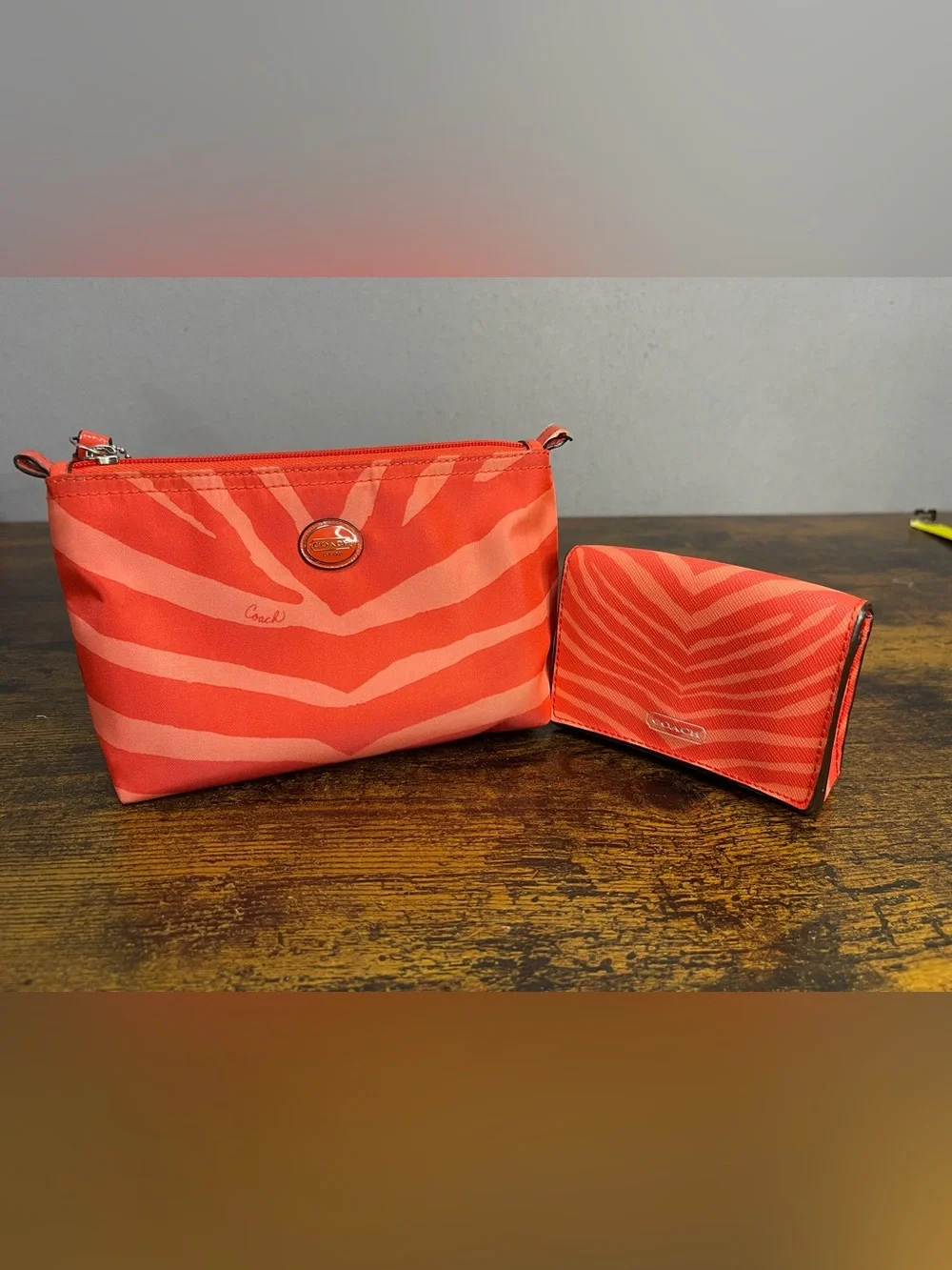 COACH Nylon Travel Bag And Wallet Zebra Print Orange Coral Lot